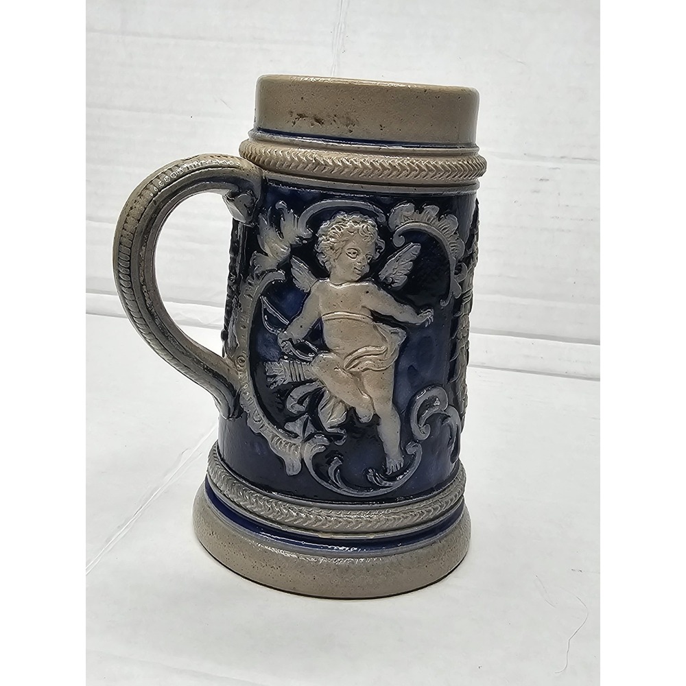 Vintage German Beer Stein Blue Gray Stoneware Angel Relief Drink All Time